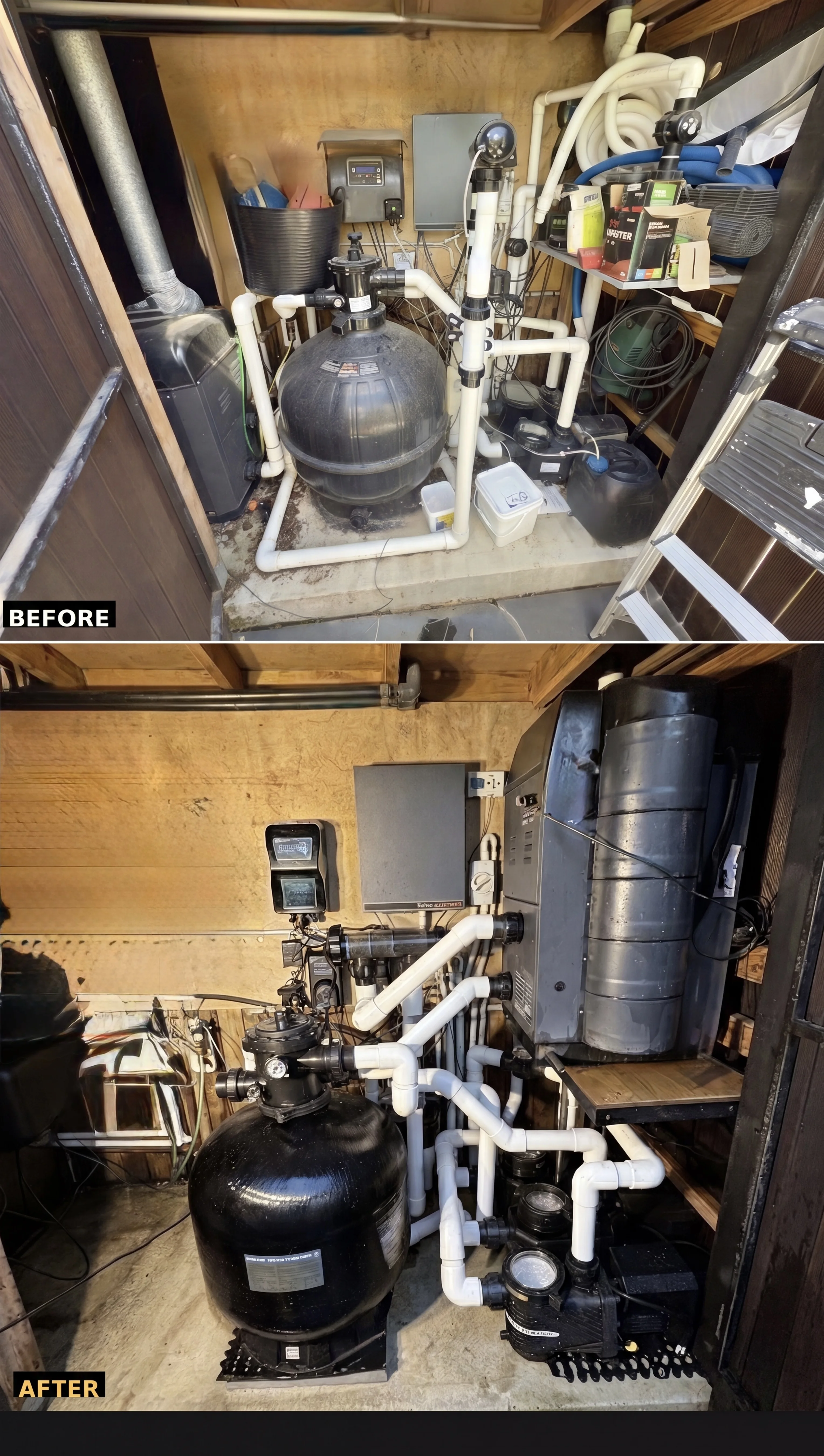 Annotated before-and-after pool plant-room layouts
