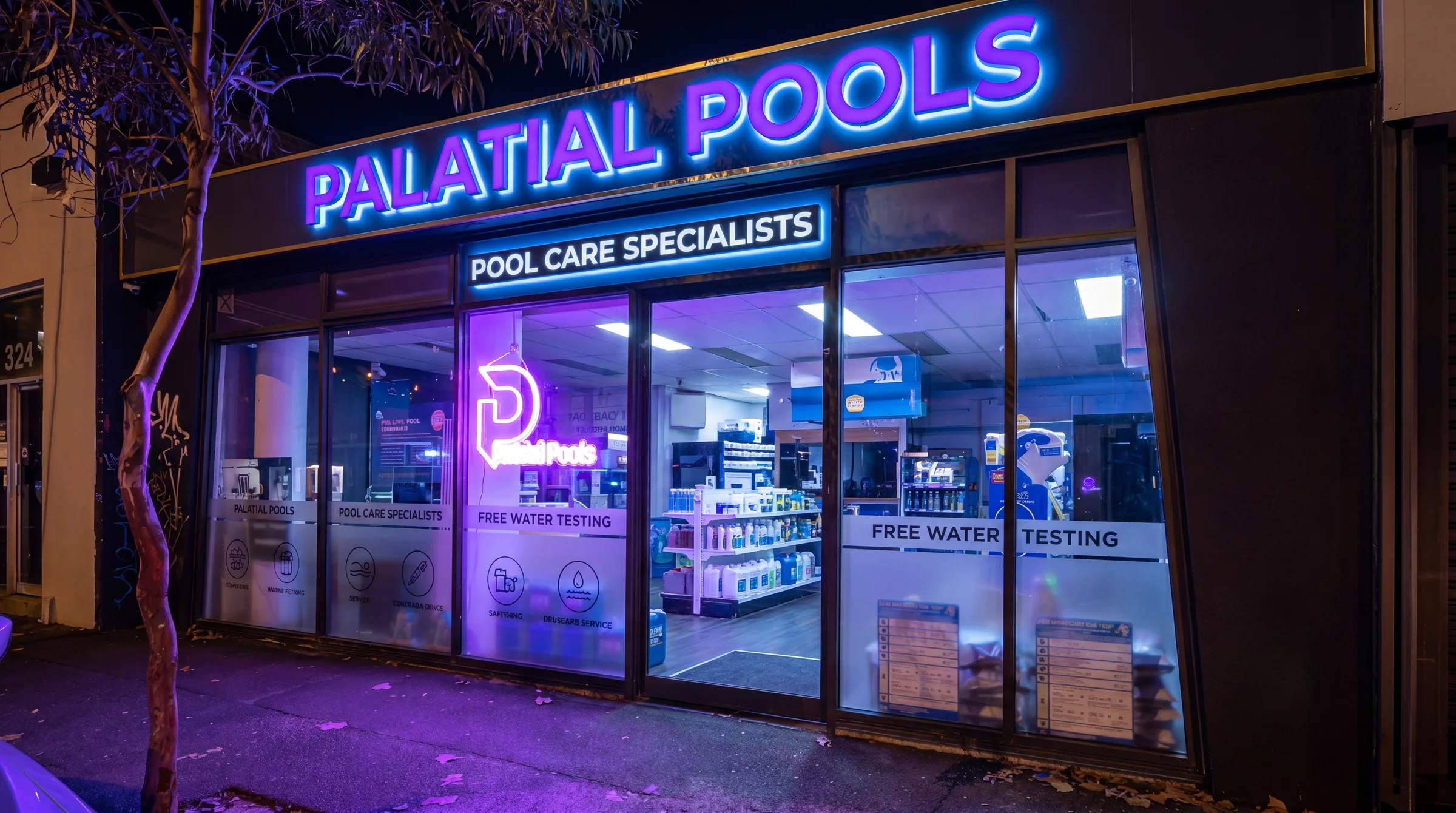 Palatial Pools Abbotsford shopfront at night